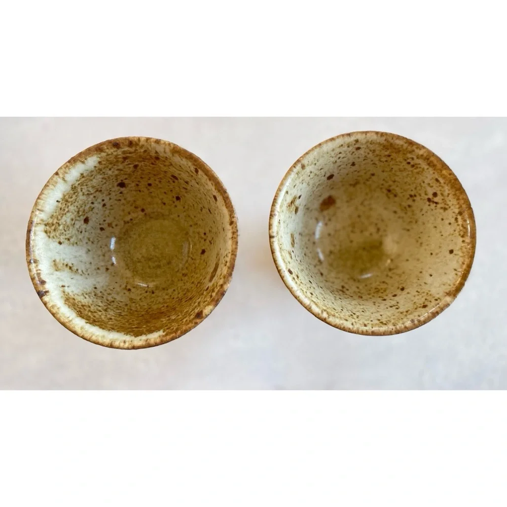 2 Vintage Speckled Oatmeal Tan Brown Stoneware Goblets Studio Pottery Cottage